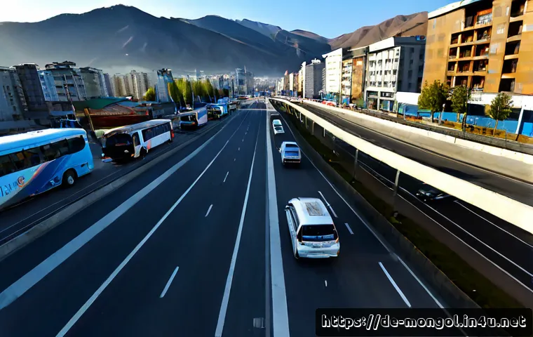 몽골의 주요 교통 시스템 - Photorealistic wide-angle view of Ulaanbaatar’s main urban transport system at morning rush hour, mo...
